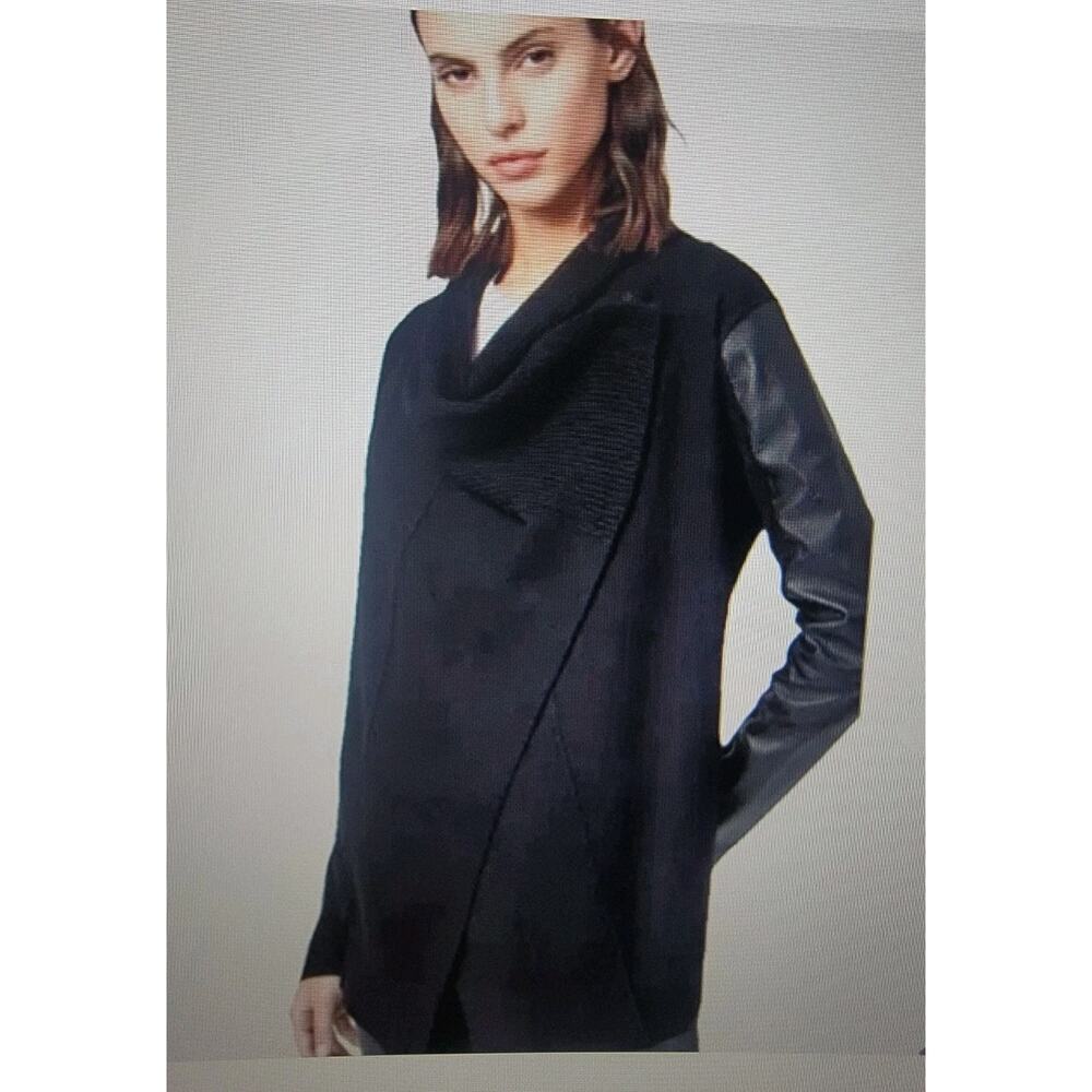 AllSaints Lucia Merino Wool And Leather Cardigan Sz M Relaxed Fit Black